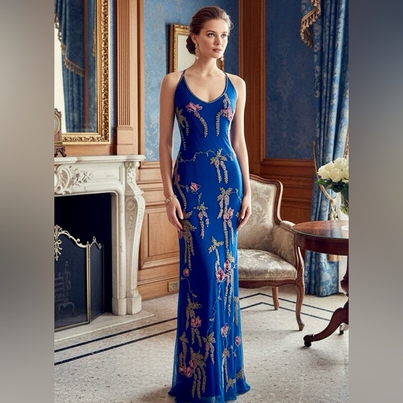 Elegant Blue hand beaded, and hand embroidered‎ Floral Embellished Dress - Picture 3 of 5